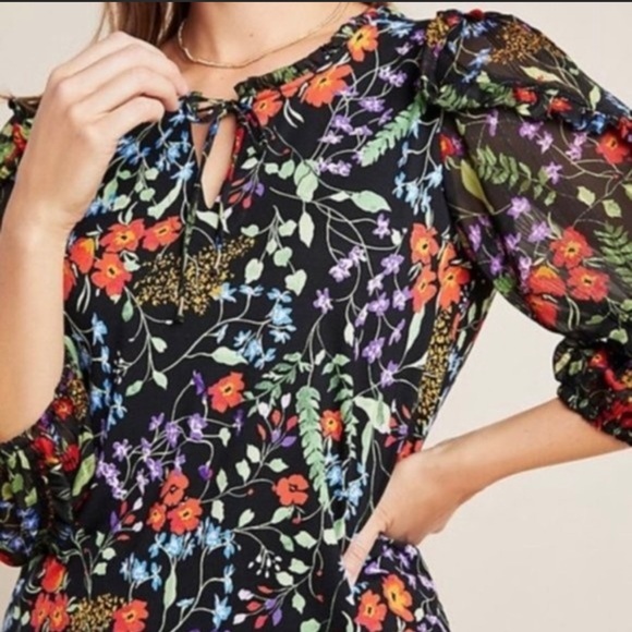 Maeve Anthropologie Jacquin Floral Sheer Colorful Multicolor Peasant Blouse - Picture 2 of 5